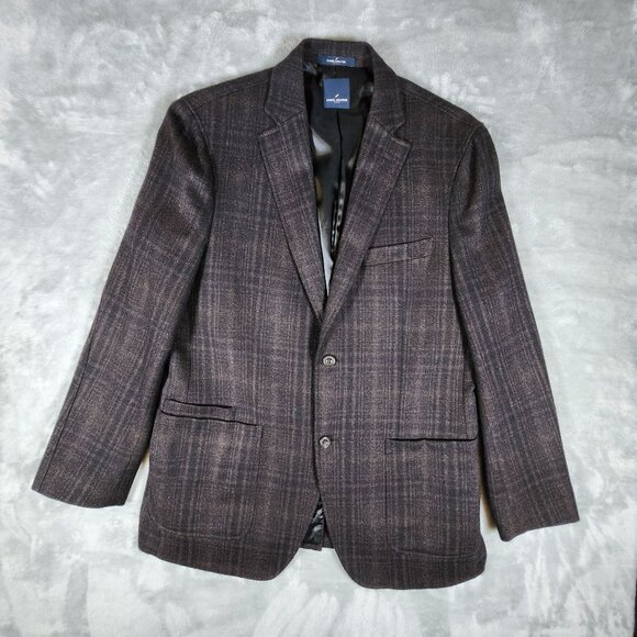 Daniel Hechter Paris Wool Blazer 42 Tall Brown Plaid Suit Jacket Academia Office - Picture 1 of 14